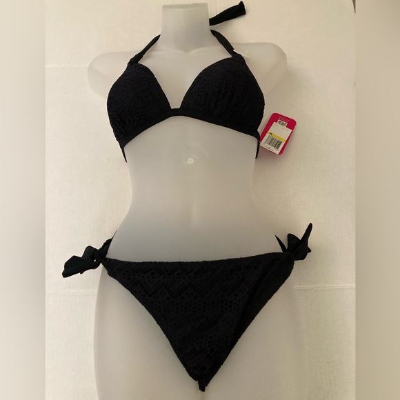 Hula Honey New Black Lace Overlay Push Up Top with Side Tie Bikini Bottoms